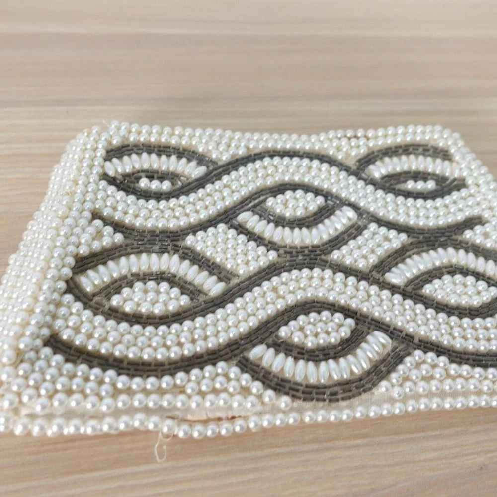 VINTAGE Boho Pearl Beaded Evening Clutch Bag Cream Art Deco Empress 70s Handmade